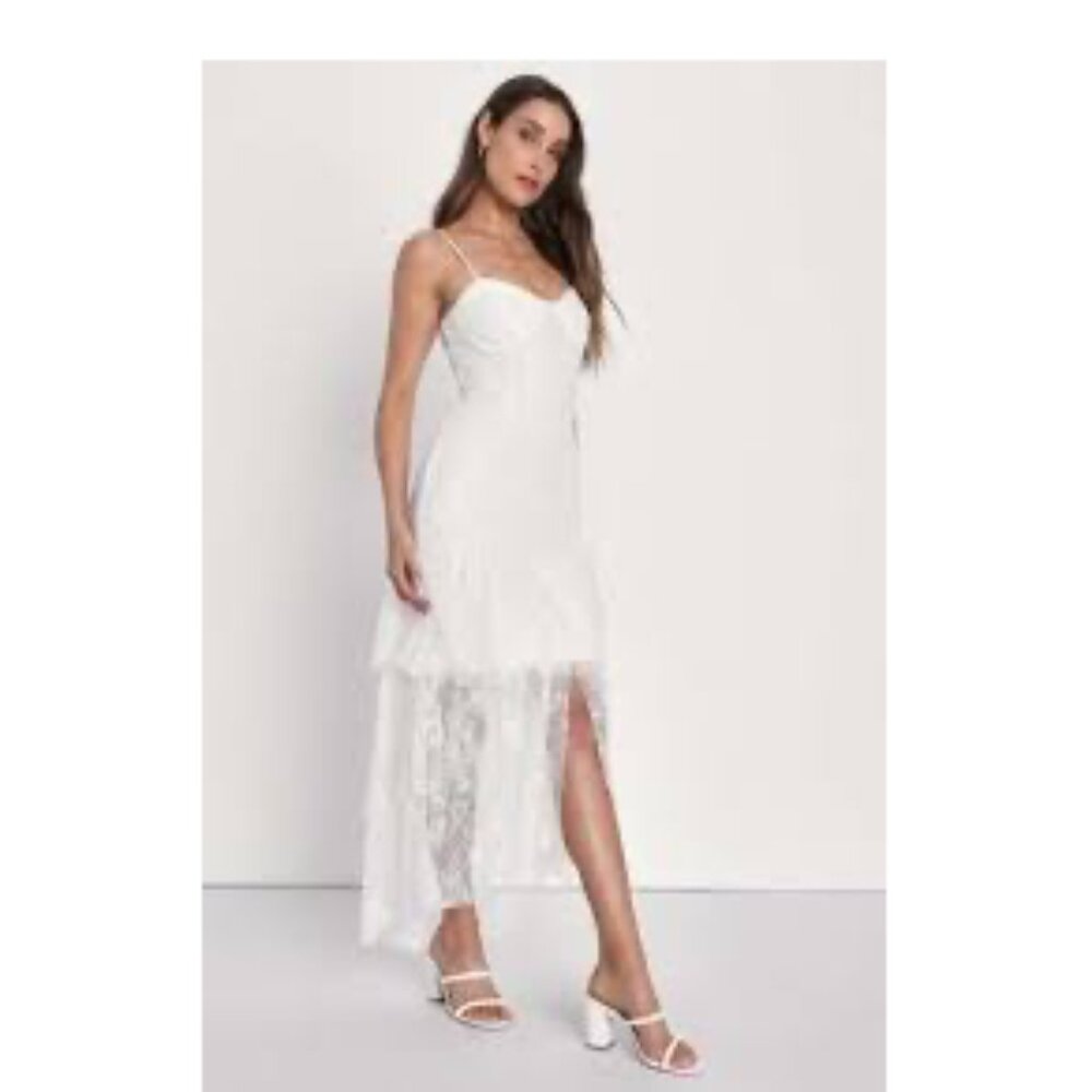New Lulus Elaborate Love White Lace Bustier Tiered High-Low Maxi Dress P1967